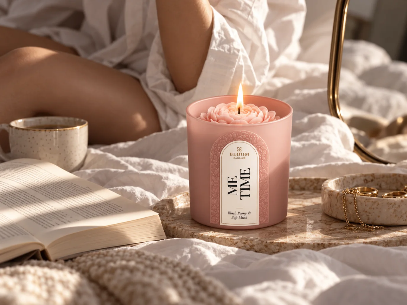 BLOOM MOODS ME TIME Duftkerze beim Lesen im Bett