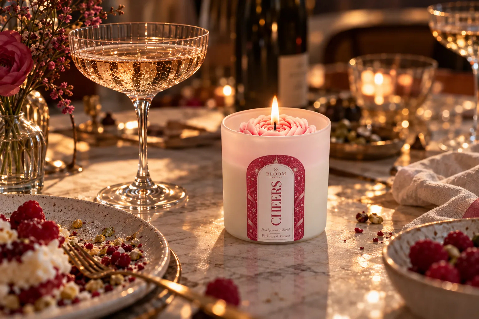 BLOOM MOODS CHEERS Duftkerze auf einer festlichen Tafel mit Champagner