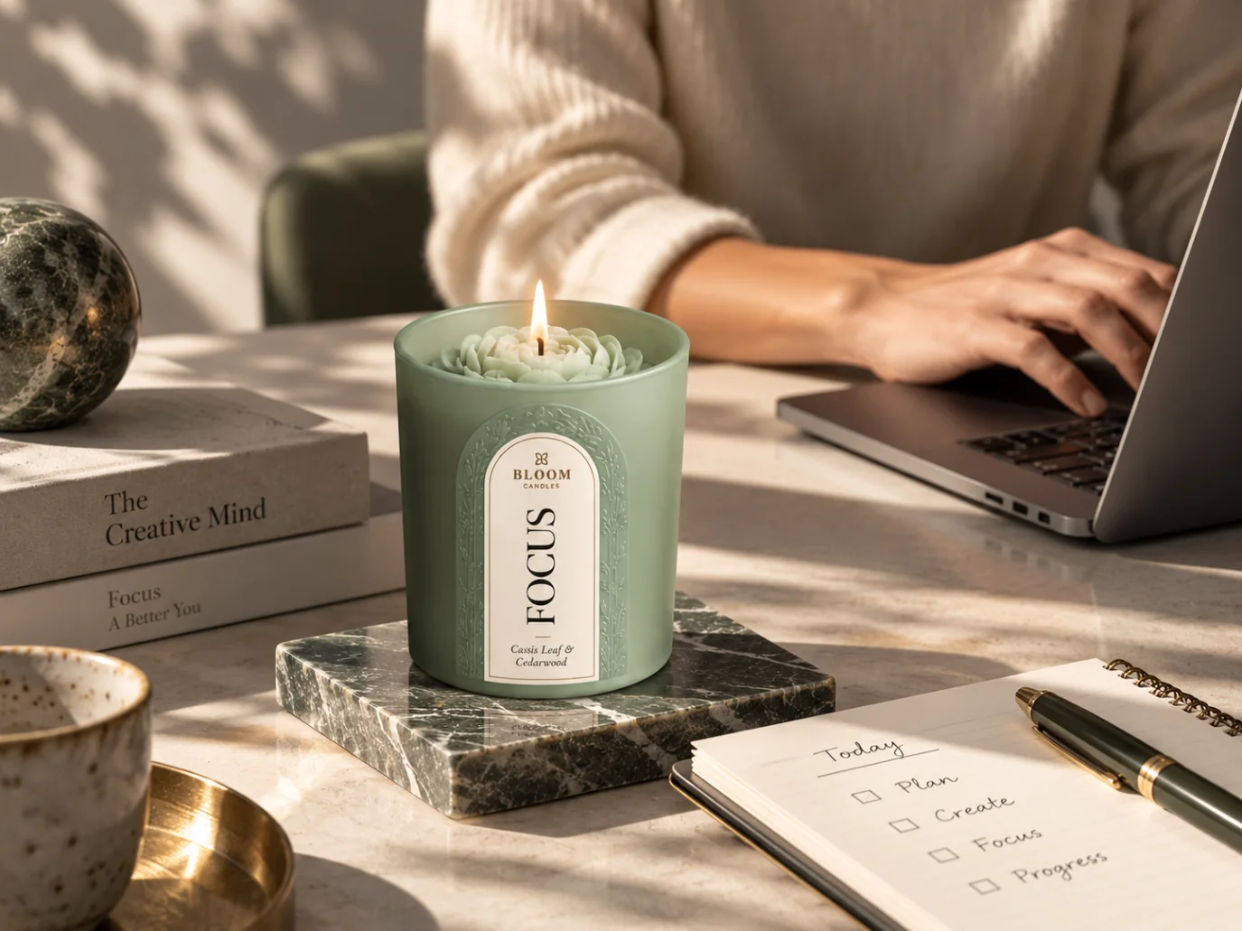 BLOOM MOODS FOCUS Duftkerze am Schreibtisch mit Laptop und Notizbuch