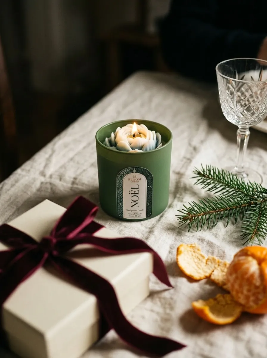 NOËL Duftkerze von BLOOM im grünen Glas, brennend auf einer Weihnachtstafel mit Geschenkbox, Tannenzweig und Mandarine