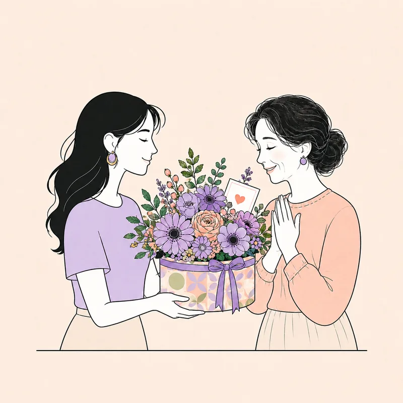 Illustration: Tochter überreicht Mutter eine florale BLOOM-Geschenkbox in Flieder und Pfirsich