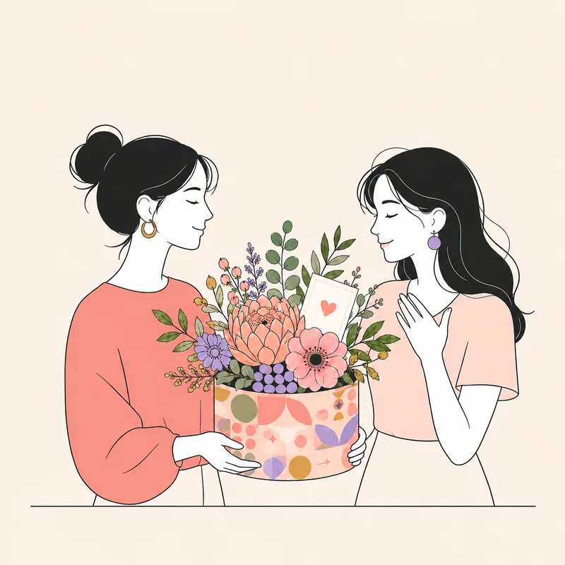 Illustration: Frau überreicht Freundin eine florale BLOOM-Geschenkbox in Koralle und Flieder