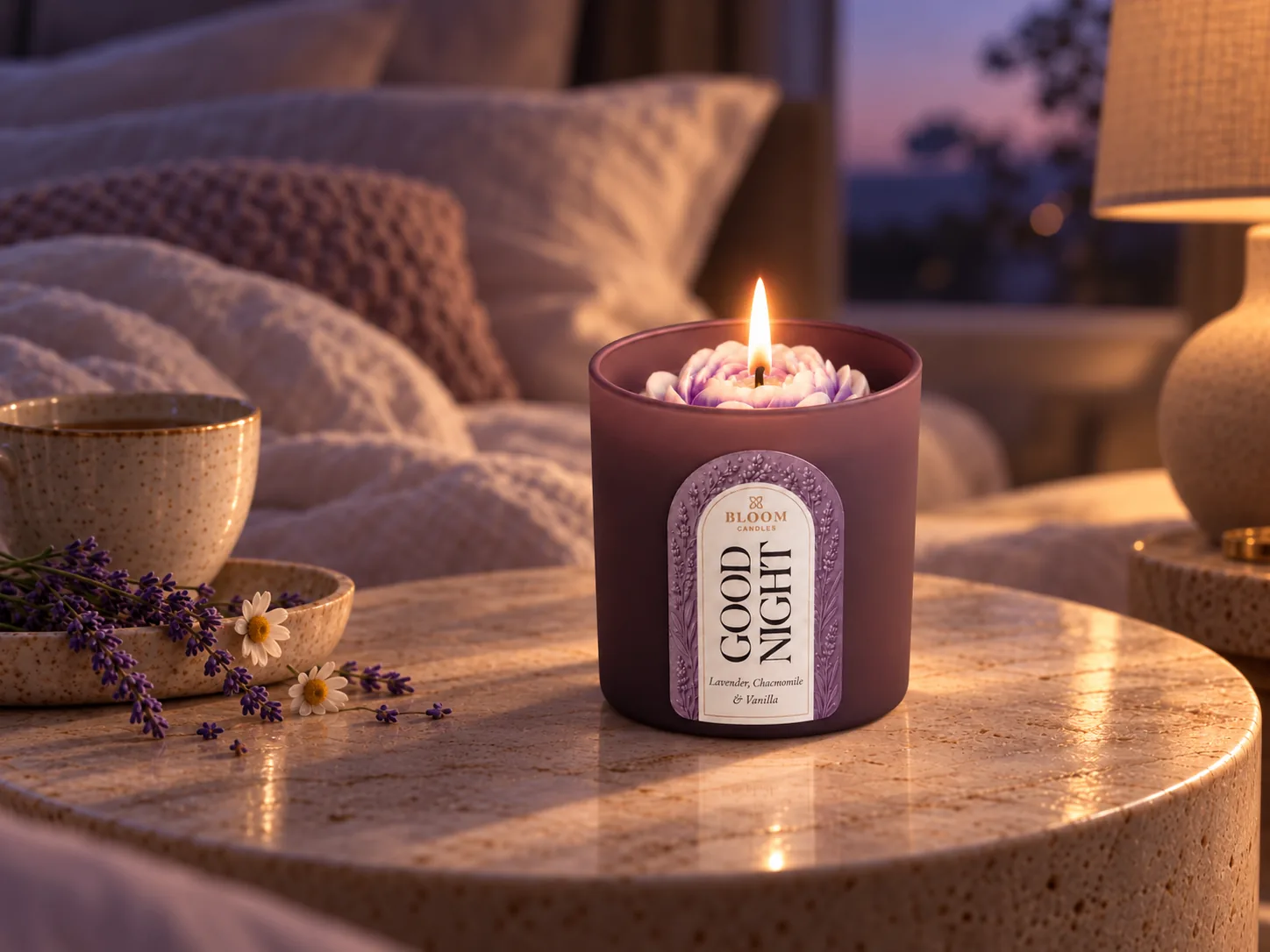 BLOOM MOODS GOOD NIGHT Duftkerze am Nachttisch mit Lavendel im Abendlicht