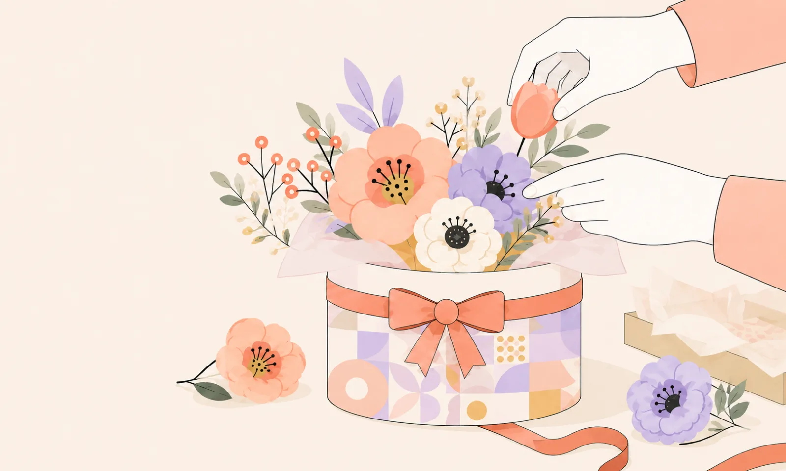 Illustration: Hände arrangieren ein florales Kerzenbouquet in einer gemusterten Geschenkbox — Bloom Candles Atelier Zürich