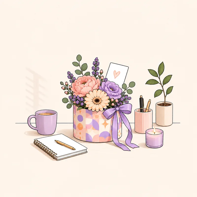 Illustration: Florale BLOOM-Geschenkbox in Flieder auf dem Schreibtisch mit Tasse, Notizbuch und Kerze