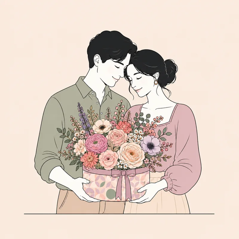 Illustration: Paar hält gemeinsam florale BLOOM-Geschenkbox in pastellfarbenen Tönen