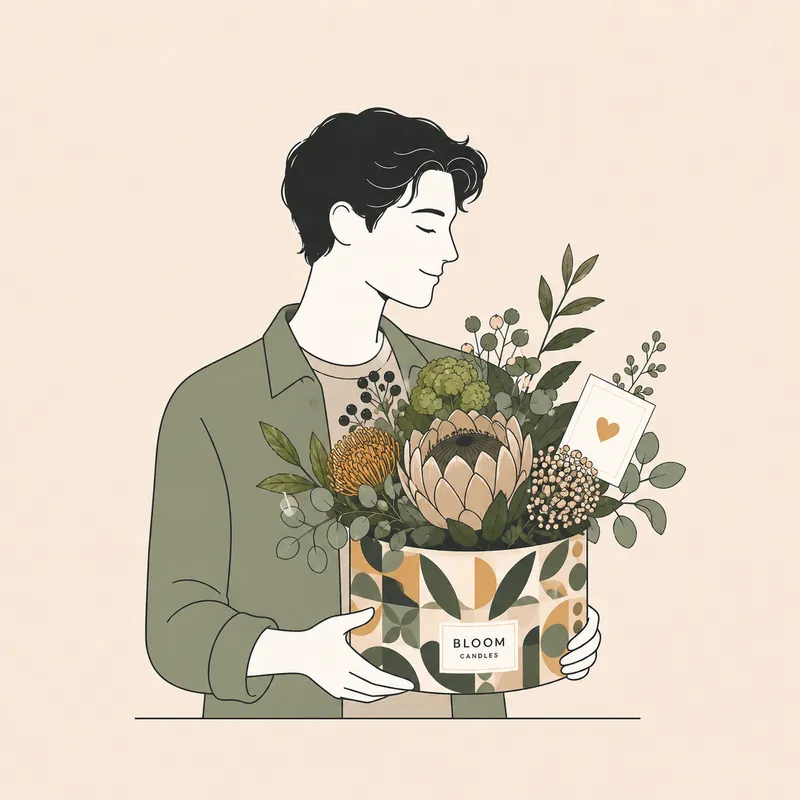 Illustration eines Mannes mit floraler BLOOM-Geschenkbox in Salbei, Olive und warmen Naturtönen für Geschenkideen für ihn