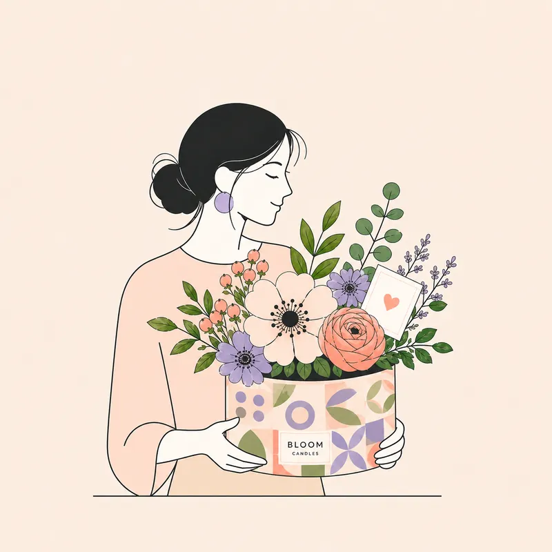 Illustration einer Frau mit floraler BLOOM-Geschenkbox in Pfirsich, Flieder und Salbei für Geschenkideen für sie