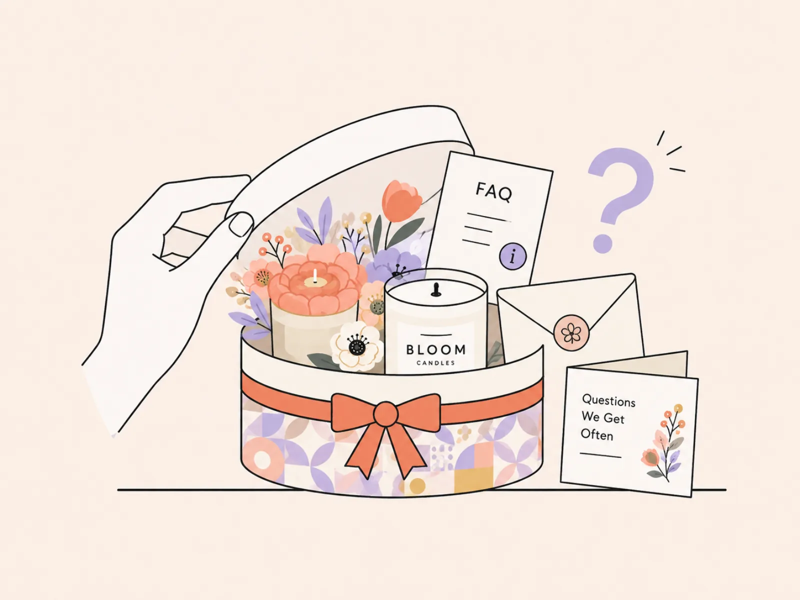 Illustration: Geschenkbox mit BLOOM-Kerze, Bouquet, Karte und Fragezeichen — Antworten rund um Bloom Candles