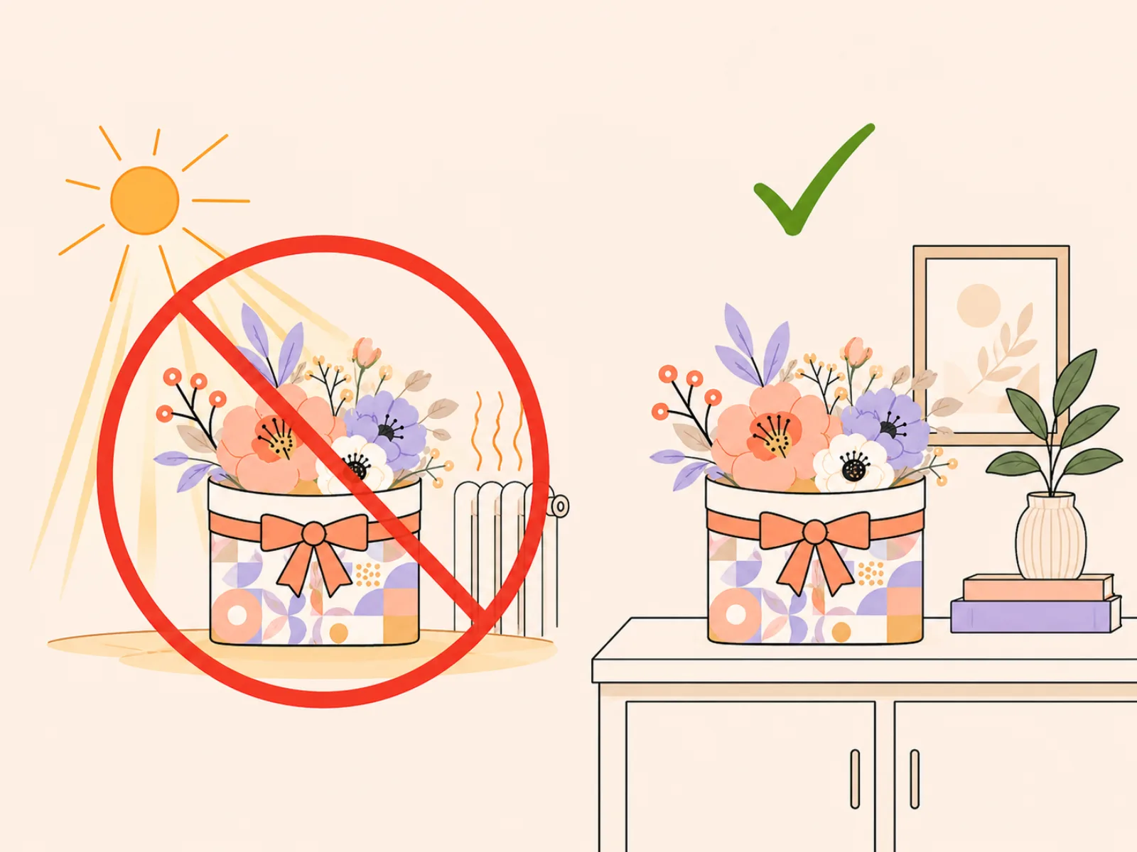 Kerzenbouquet richtig lagern – nicht in direkter Sonne oder neben Heizkörpern, sondern kühl und geschützt auf einem Sideboard aufstellen