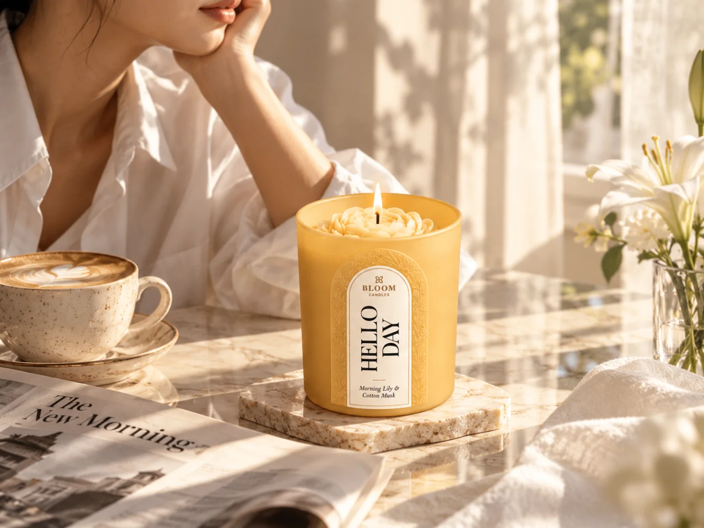 BLOOM MOODS HELLO DAY Duftkerze beim Morgenkaffee