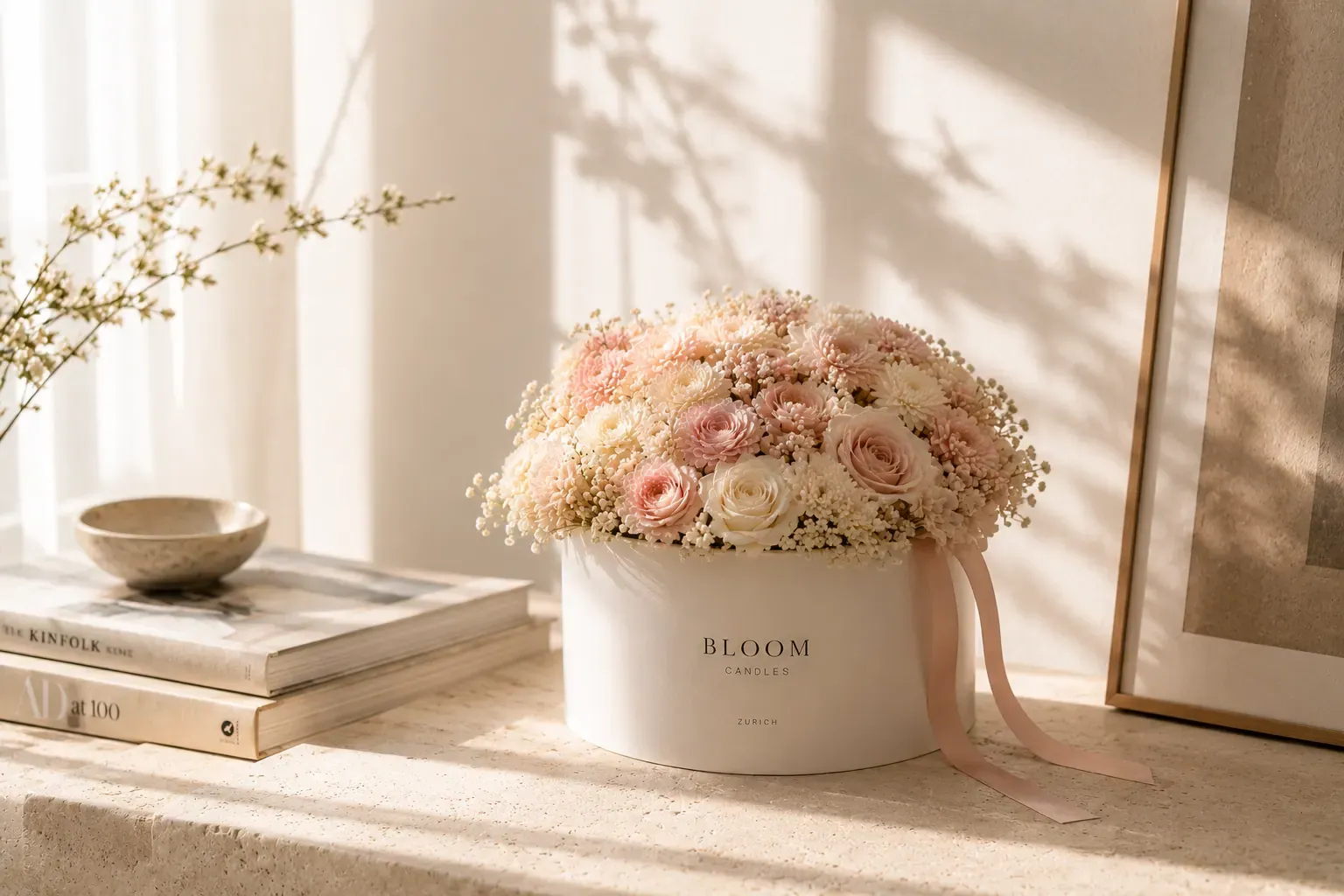 Florales Arrangement in cremefarbener Bloom-Candles-Box mit puderrosa Seidenband auf Travertin-Sideboard, Kinfolk- und AD-Magazine — soft editorial floral luxury aus Zürich.