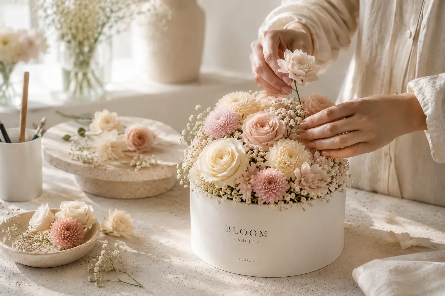 Hände arrangieren handgegossene cremefarbene und puderrosa Wachsblüten in einer Bloom-Candles-Box im hellen Atelier in Zürich.