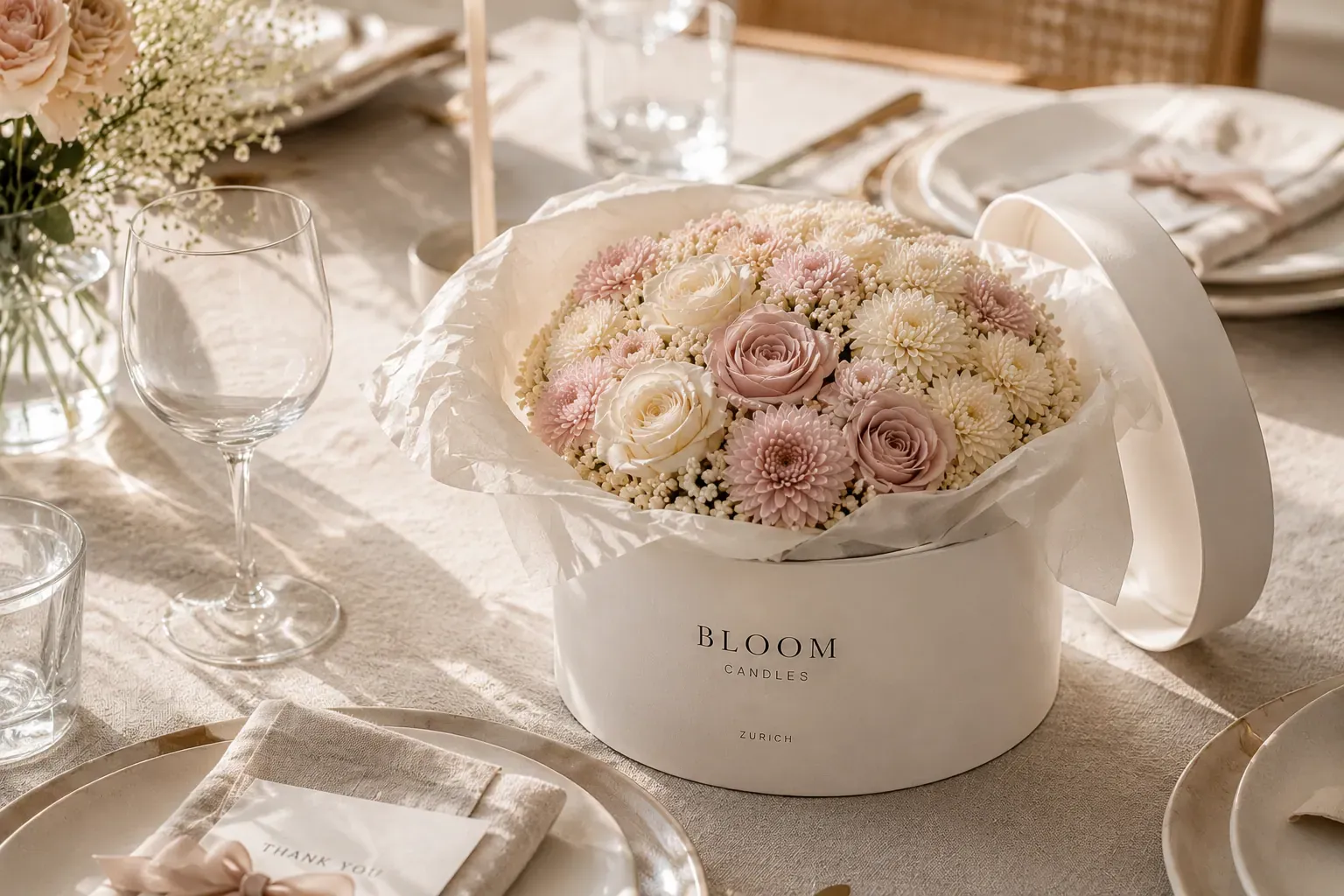 Geöffnete Bloom-Candles-Geschenkbox mit cremefarbenem floralen Arrangement auf gedecktem Esstisch im warmen Morgenlicht — elegantes Gastgebergeschenk aus Zürich.