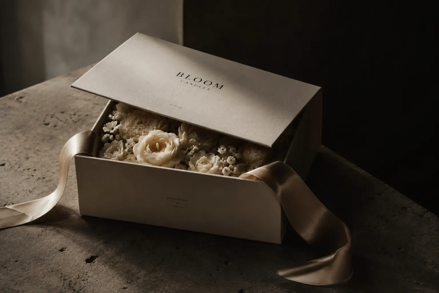 Handgefertigtes Kerzenbouquet in beiger Geschenkbox mit Seidenband — bleibendes Geschenk für die Frau, die schon alles hat.
