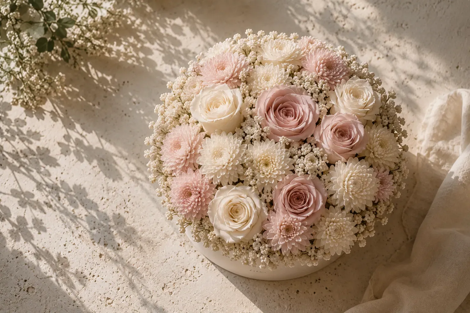 Cremefarbene florale Arrangement-Box auf Travertinstein — Alternative zum klassischen Blumenstrauss aus Zürich.
