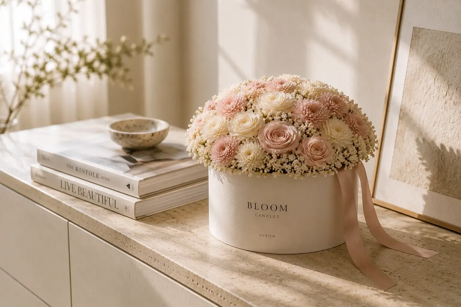 Wachsblüten-Bouquet auf Sideboard mit gestapelten Bildbänden — Deko-Idee mit Blumenkerzen im Boutique-Hotel-Look.