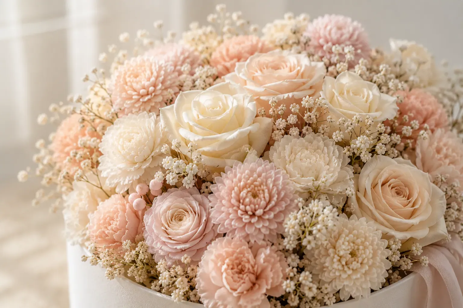 Makroaufnahme einzelner cremefarbener und sanft puderrosa Wachsblüten mit Schleierkraut — Detail aus dem Bloom-Candles-Atelier Zürich.