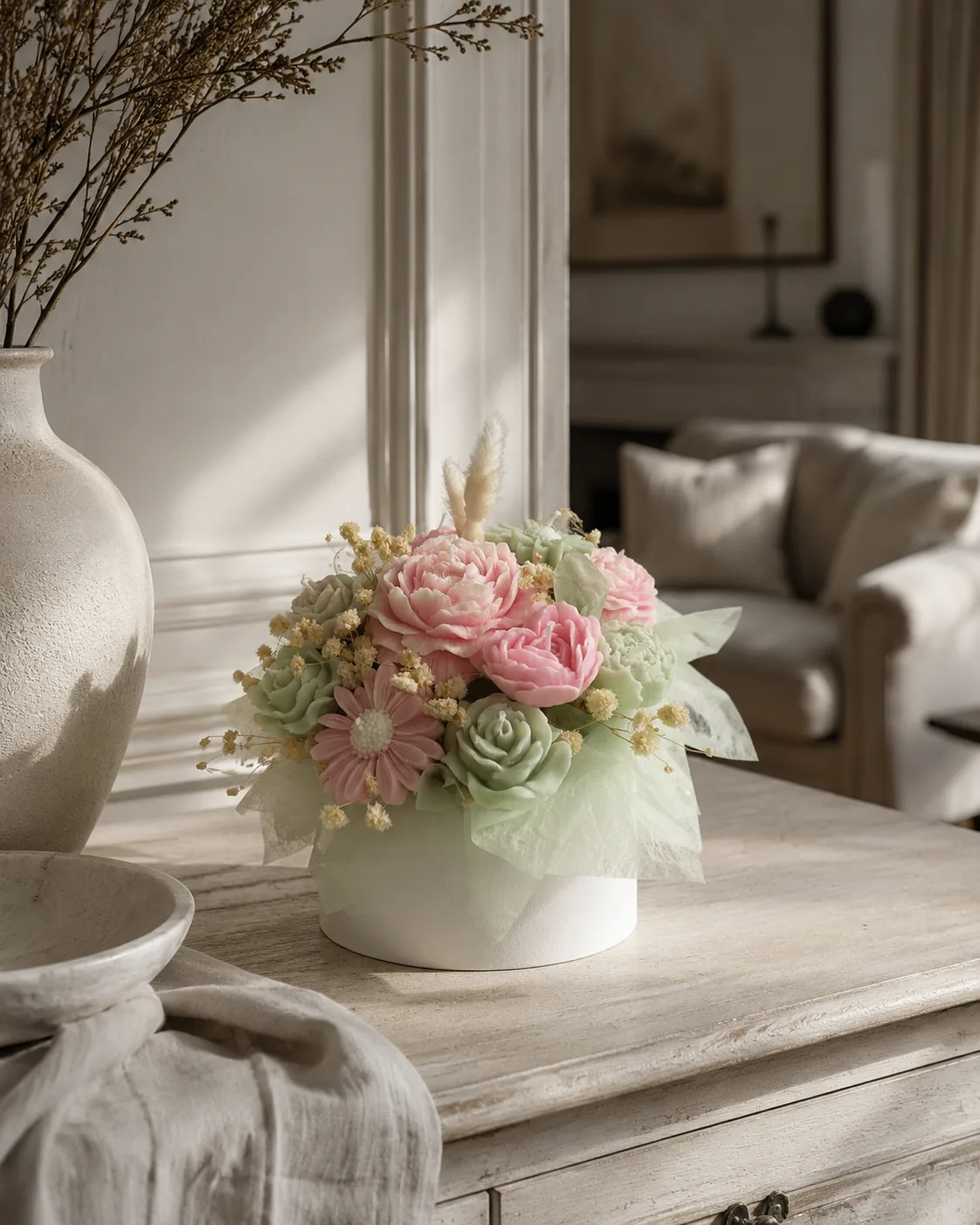 Pastellfarbenes Kerzenbouquet in Rosa und Salbei
