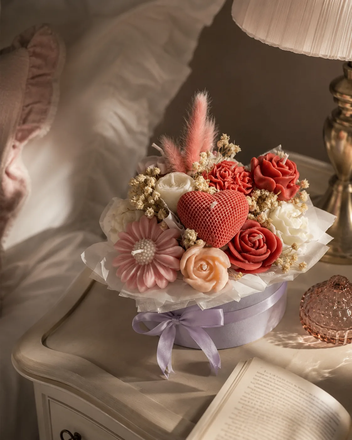 Valentinstag-Kerzenbouquet mit roten Rosen und Herzkerze aus dem BLOOM Atelier Zürich