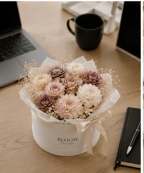 Bloom Candles Bouquet auf einem Schreibtisch im Office