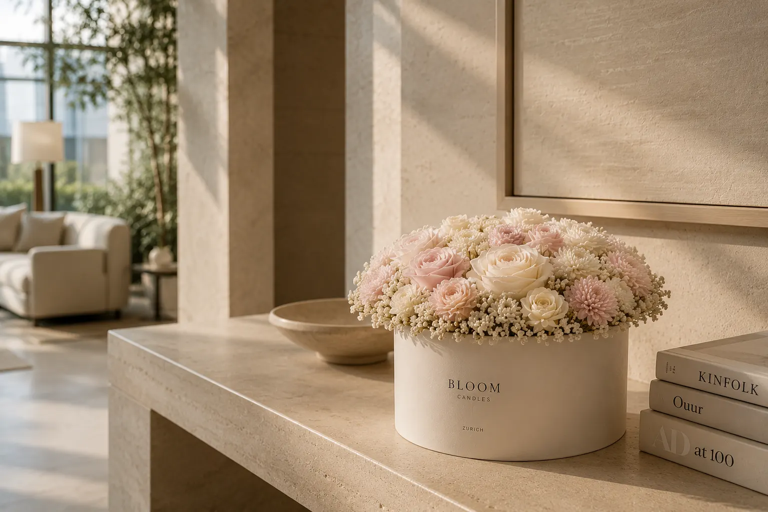 Florales Bloom Candles Bouquet auf einem Naturstein-Sideboard in einer ruhigen Boutique-Hotel-Lobby.