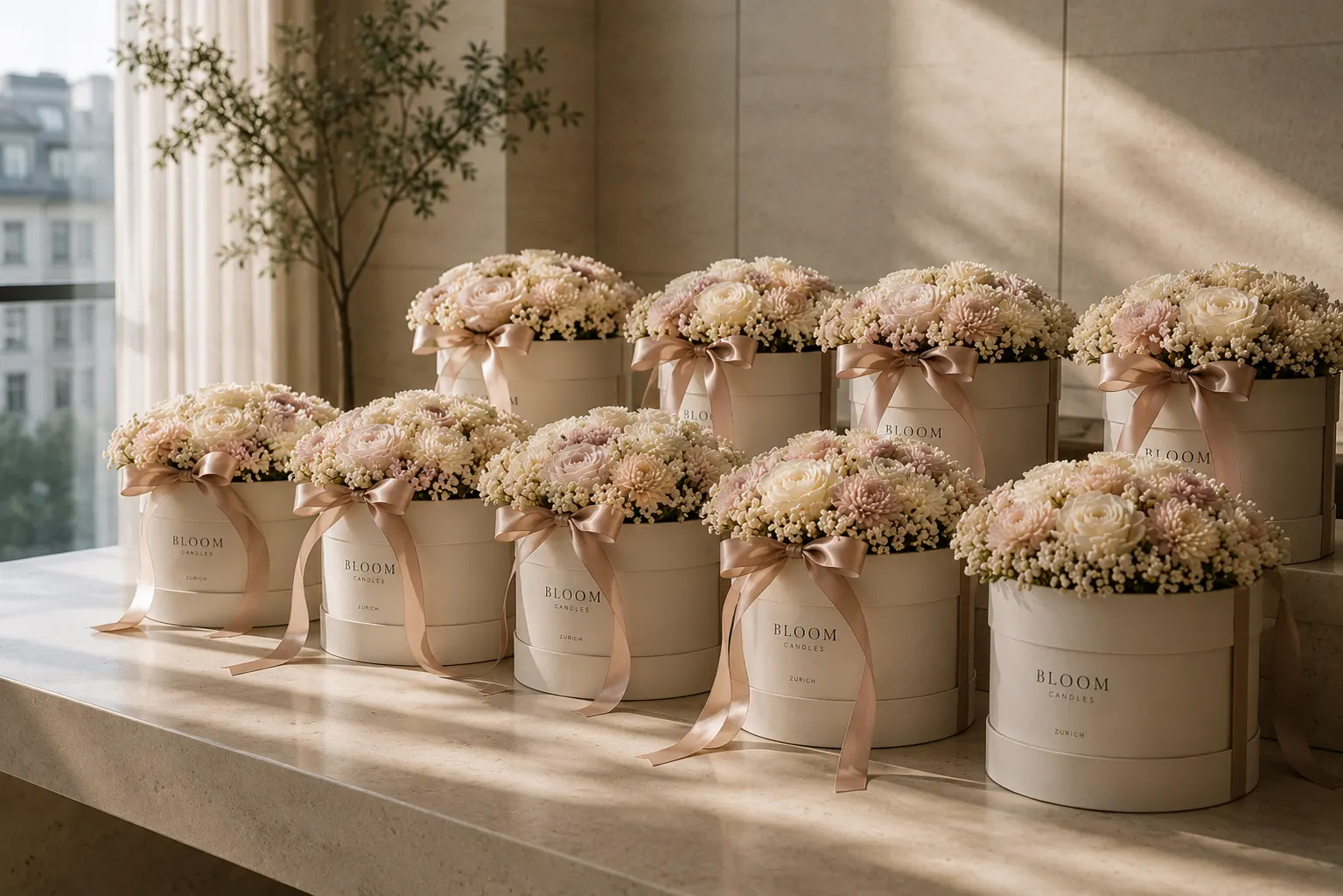 Gestapelte Bloom Candles Geschenkboxen mit Seidenbändern — Corporate Gift Fulfillment aus Zürich.