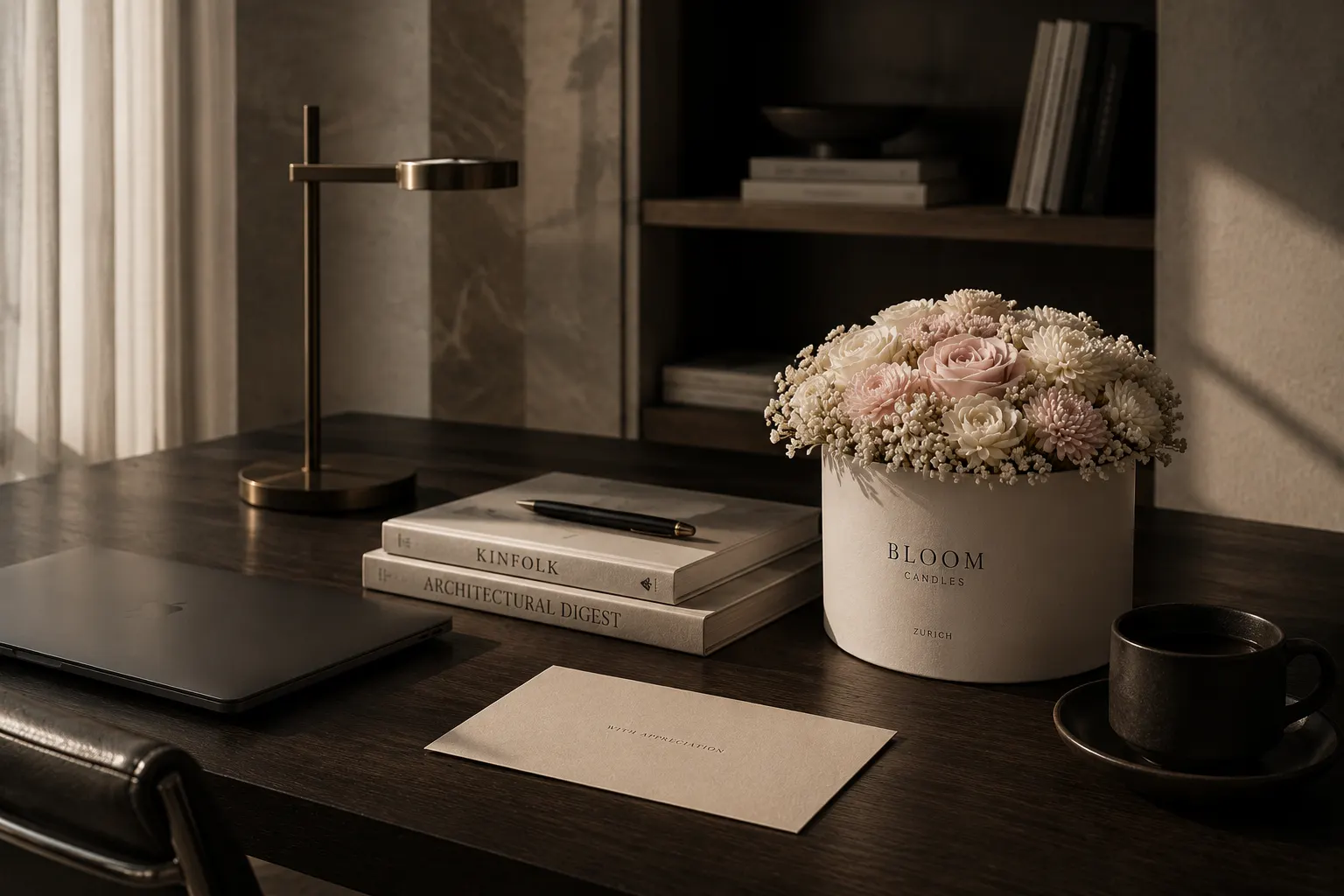 Florales Arrangement auf dunklem Holz-Schreibtisch mit Messinglampe — Corporate Gifting für das Private Office.