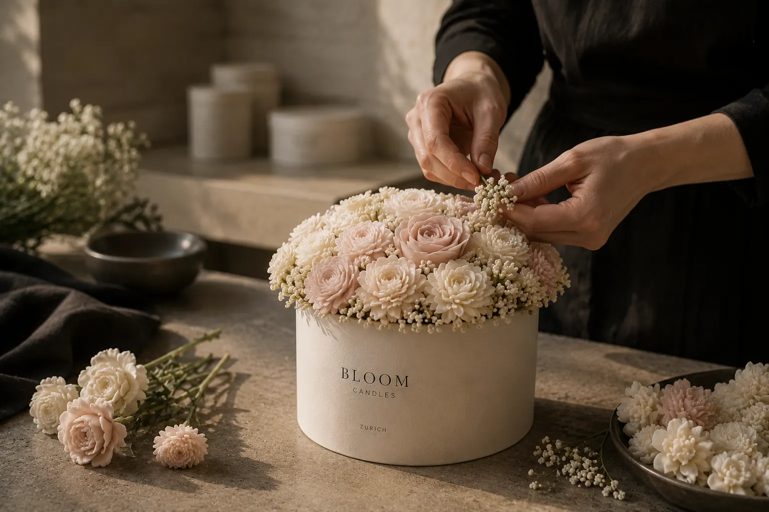 Hände arrangieren ein florales Wachsbouquet im Bloom Candles Atelier in Zürich.