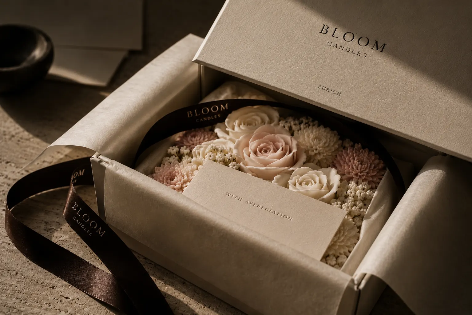 Geöffnete Bloom Candles Geschenkbox mit Naturpapier-Karte 'With Appreciation' und Seidenband — Verpackungsdetail.