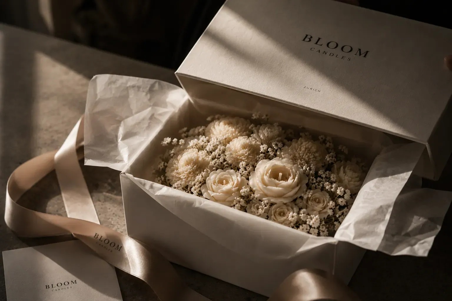 Geöffnete Bloom-Candles-Geschenkbox mit cremefarbenem Wachsblüten-Bouquet und Seidenpapier — bewusster Moment vor dem Auspacken.