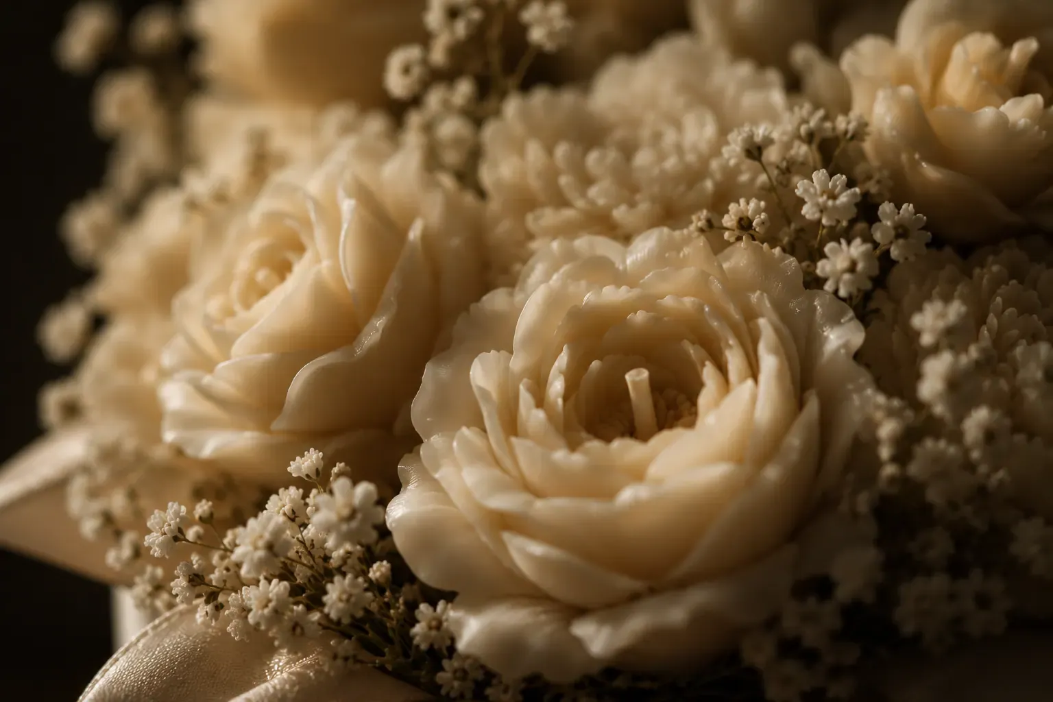 Detailaufnahme cremefarbener Wachsrosen und Schleierkraut eines floralen Kerzenbouquets aus dem Bloom-Atelier Zürich.