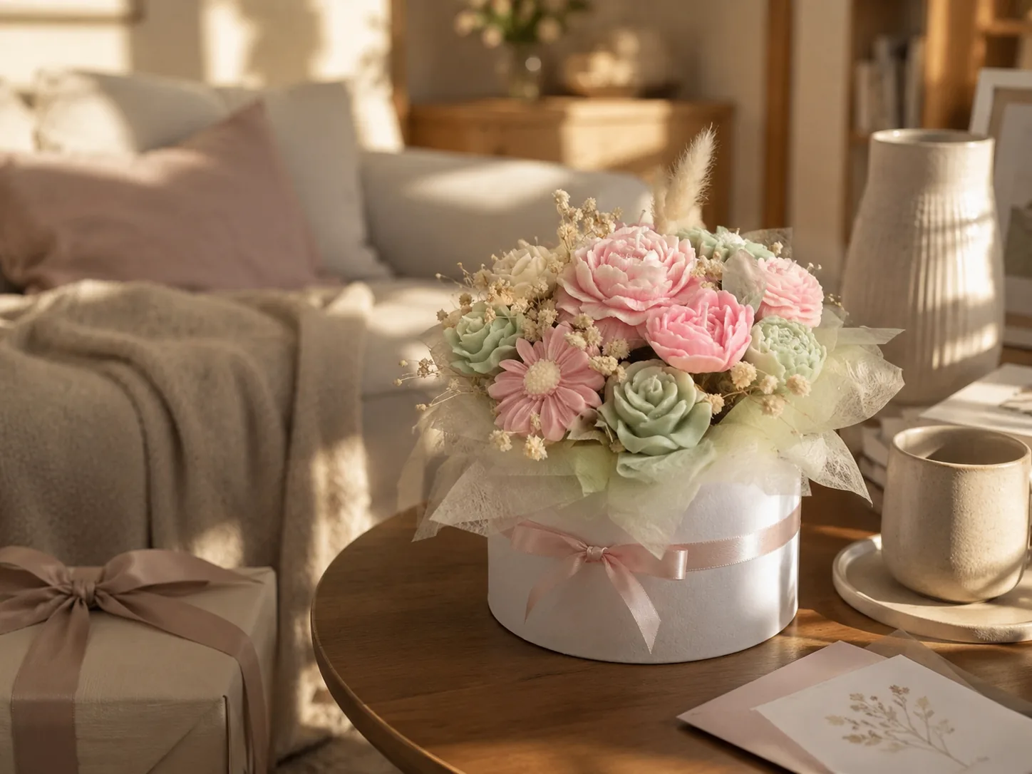 Geburtstags-Bouquet aus rosa und salbeigrünen Wachsblüten in weisser Geschenkbox mit rosa Seidenband — Bloom Candles Zürich