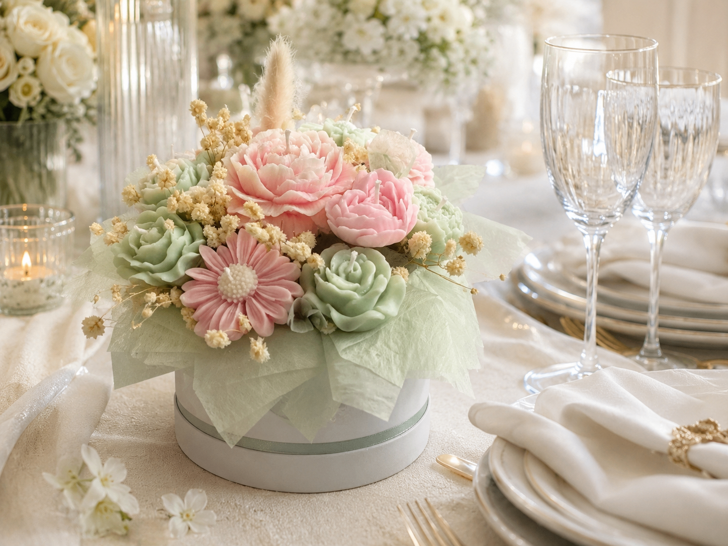 Hochzeitsbouquet Pastell Pink Mint — Bloom Candles Schweiz Pastellfarbenes Hochzeitsbouquet in Pink und Mint auf gedeckter Hochzeitstafel
