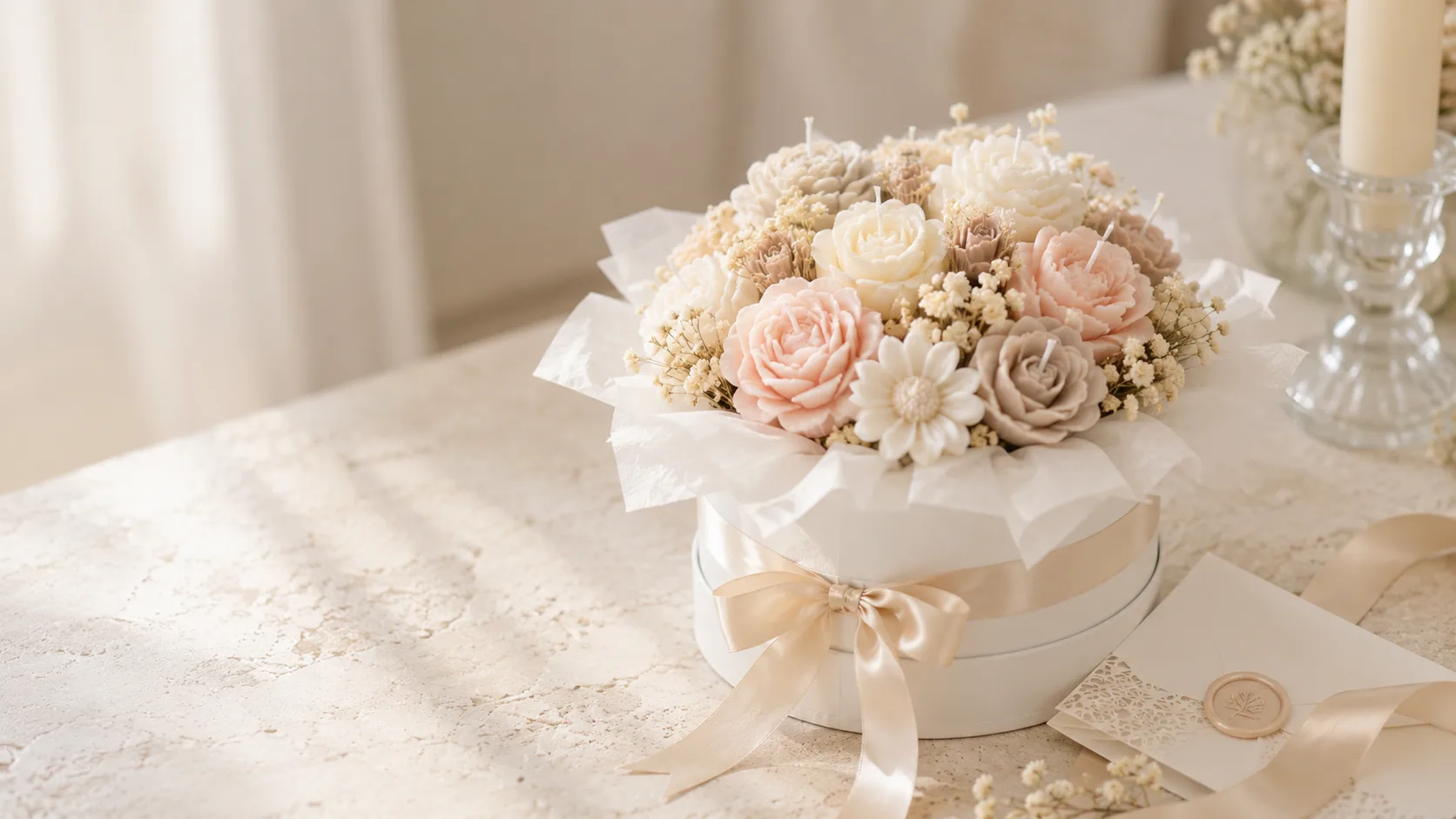 Hochzeitsgeschenk aus Zürich — Bloom Candles Bouquet in Geschenkbox Handgemachtes Hochzeitsgeschenk aus Zürich — florales Bouquet in Geschenkbox mit Champagner-Seidenband und Wachssiegel-Karte