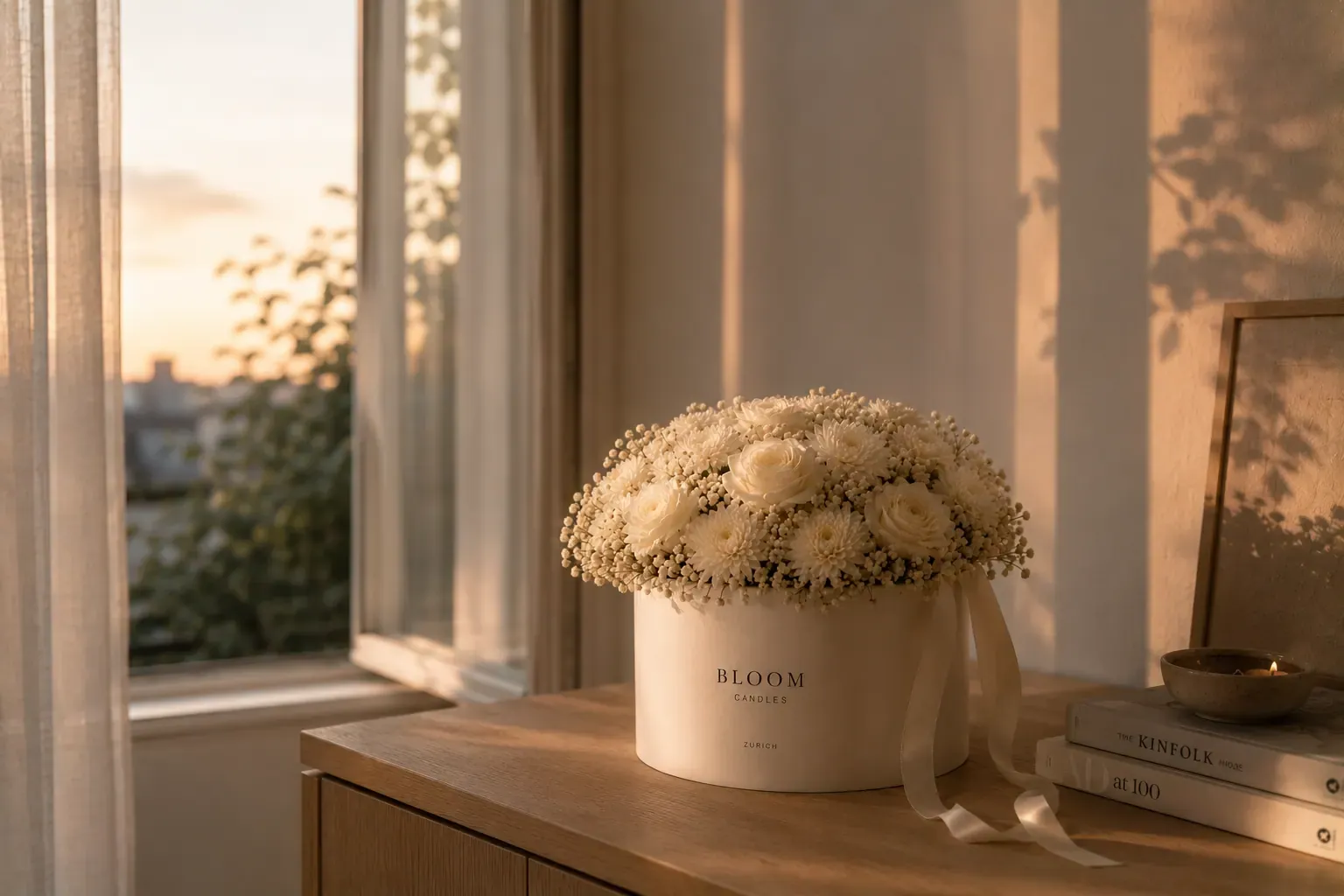Florales Arrangement aus Zürich allein auf hellem Sideboard im Abendlicht mit weichen Vorhang- und Blattschatten — Erinnerung und Ruhe als langlebiges Hochzeitsgeschenk.
