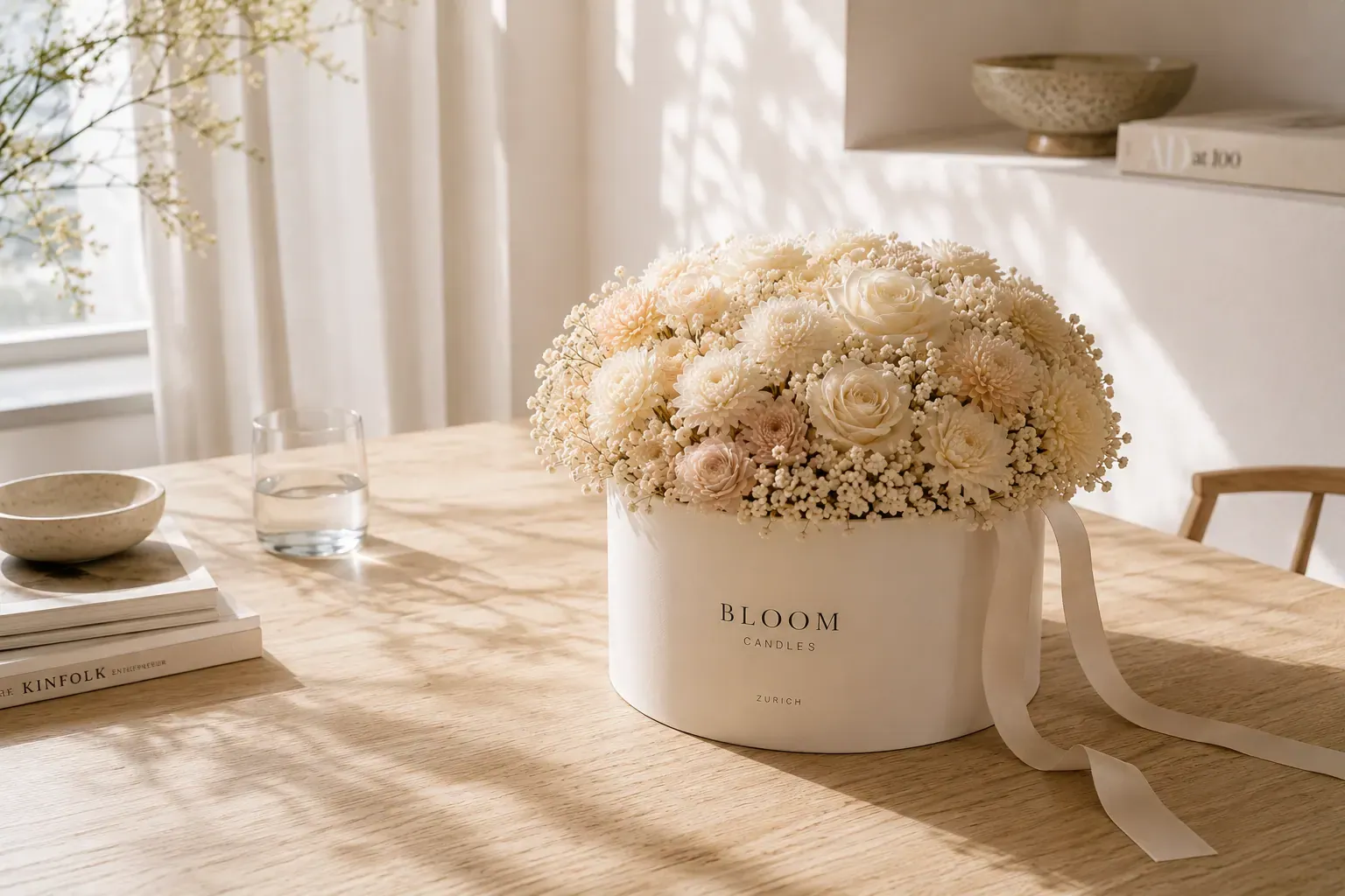 Langlebiges Hochzeitsgeschenk aus Zürich — cremefarbenes florales Arrangement in weisser Bloom-Candles-Box auf hellem Eichentisch im Morgenlicht, ruhige Wohnstimmung mit Vorhangschatten.