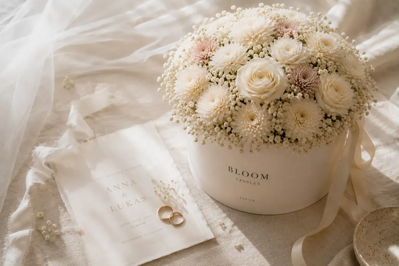 Langlebiges Hochzeitsgeschenk aus Zürich — cremefarbenes florales Arrangement in Bloom-Candles-Box neben Hochzeitseinladung „Anna & Lukas" und Eheringen.