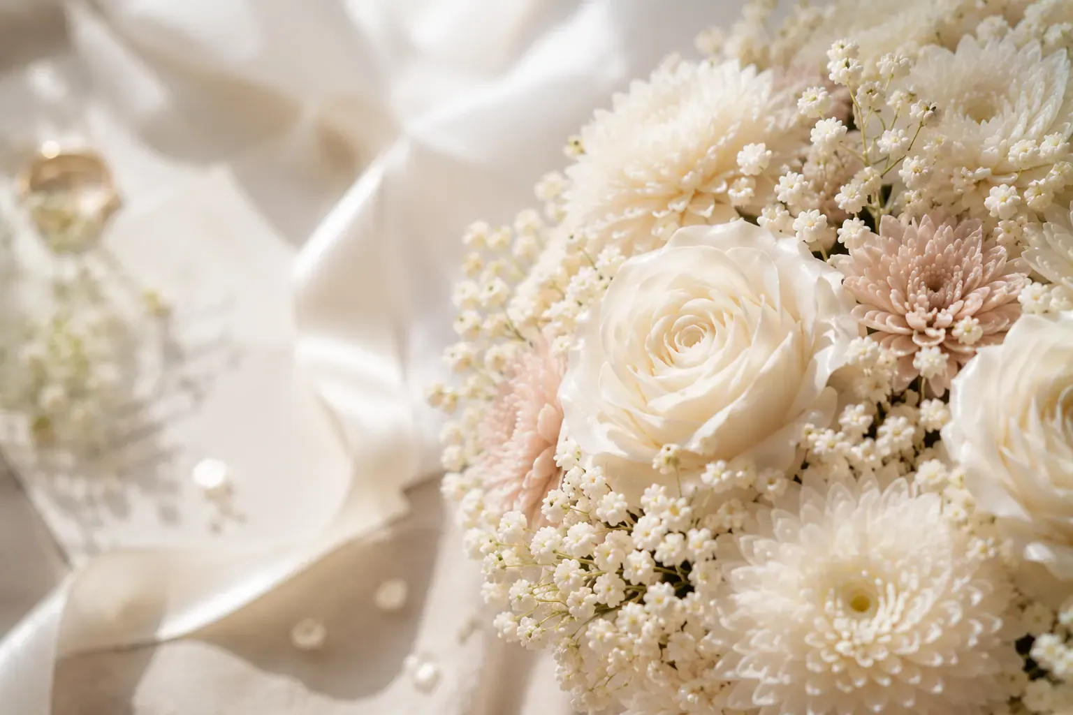 Makroaufnahme einer cremeweissen Rose mit Schleierkraut und matt-rosa Chrysantheme auf weichem Satinband — Detail aus dem Bloom-Candles-Atelier Zürich, Materialität eines langlebigen Hochzeitsgeschenks.