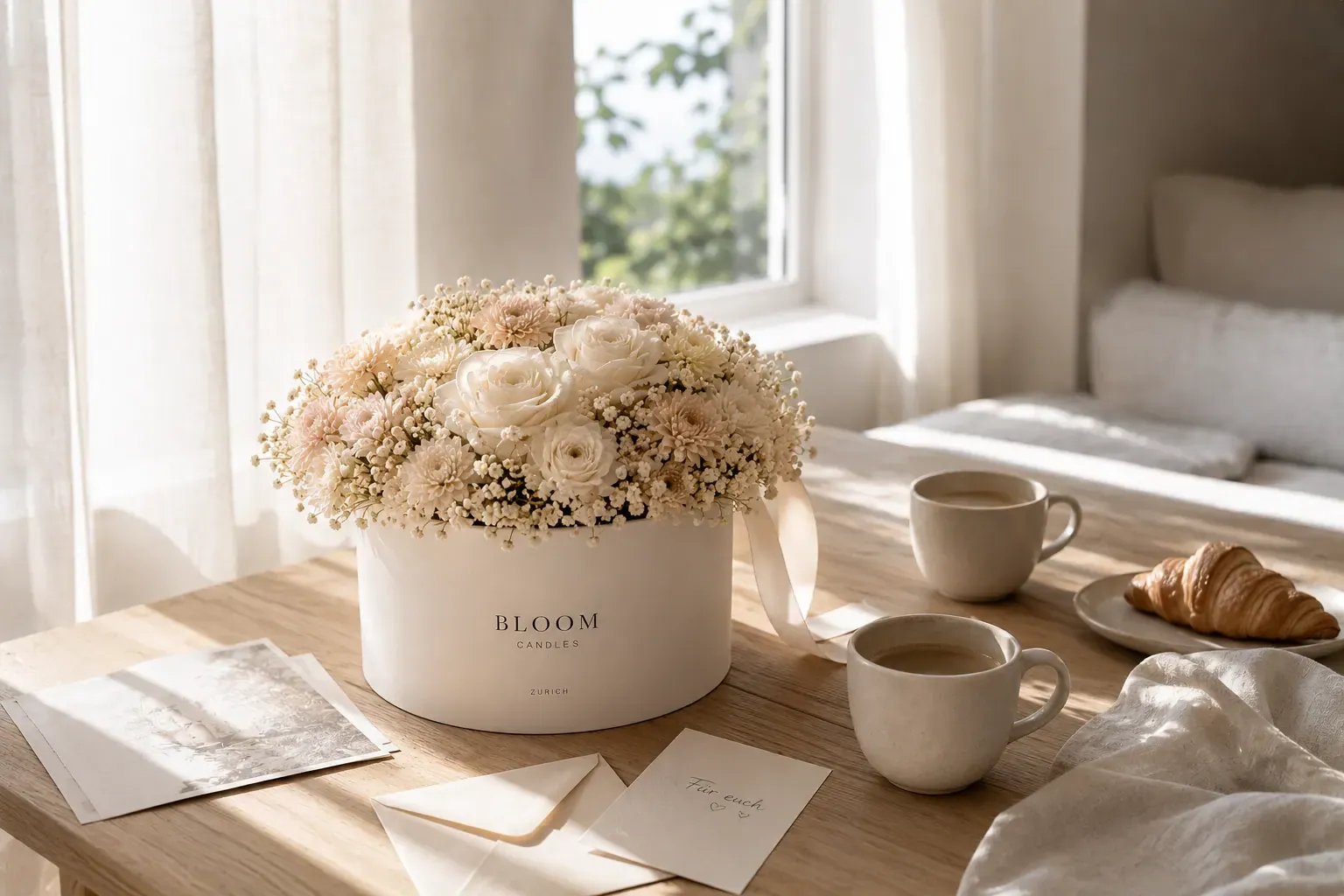 Morgen nach der Hochzeit — florales Arrangement aus Zürich auf hellem Eichentisch neben zwei Kaffeetassen, Croissant und handgeschriebener „Für euch"-Karte im weichen Morgenlicht.