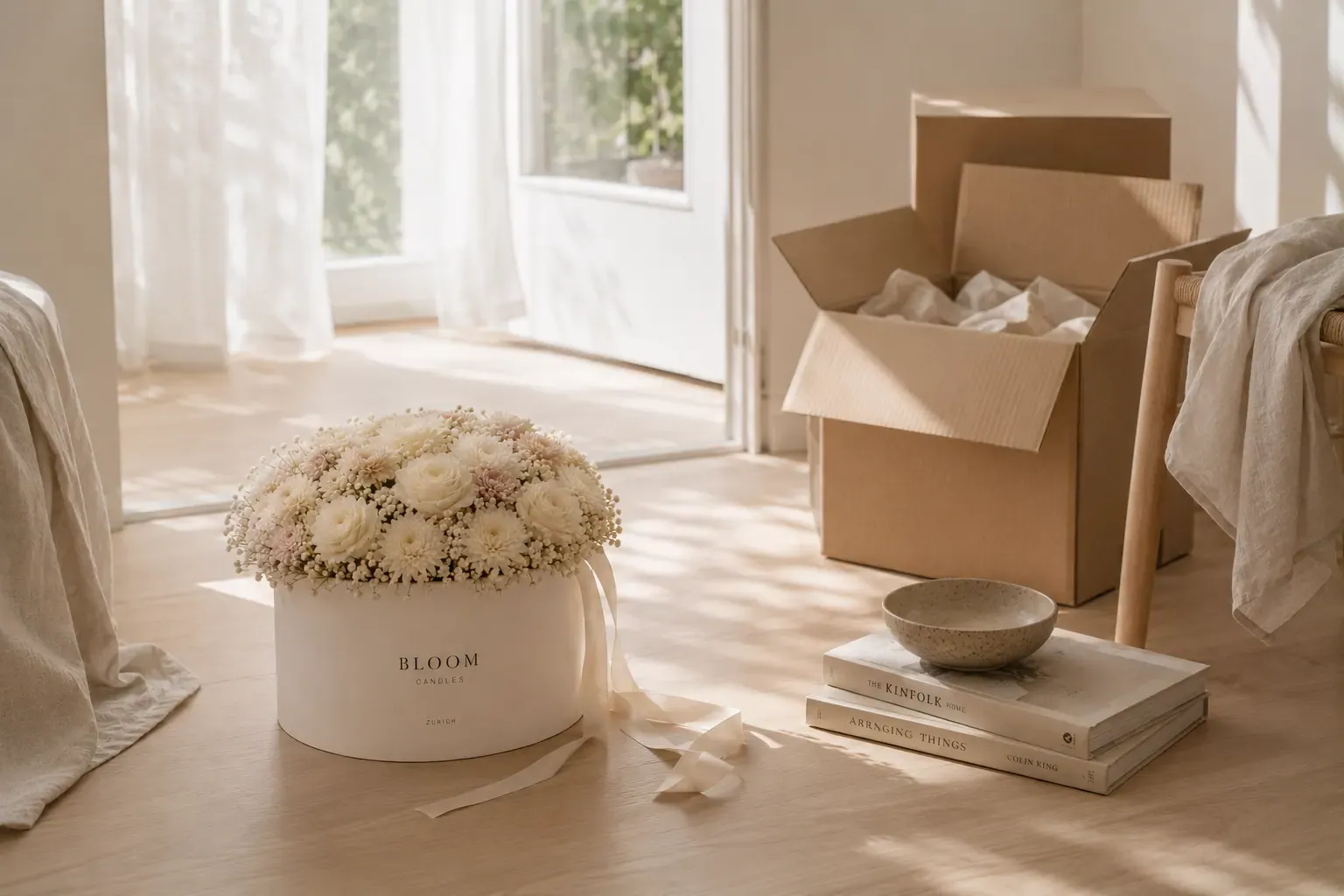 Florales Arrangement aus Zürich am Boden einer hellen, halb eingerichteten Wohnung neben Umzugskartons und Leinenstuhl im Morgenlicht — langlebiges Hochzeitsgeschenk für den gemeinsamen Start.