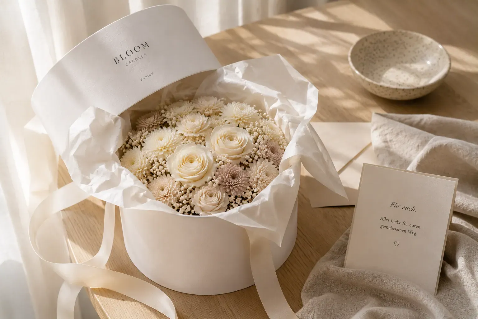 Geöffnete Bloom-Candles-Box mit cremefarbenem floralem Arrangement auf cremefarbenem Seidenpapier, daneben handgeschriebene Karte „Für euch — Alles Liebe für euren gemeinsamen Weg" — langlebiges Hochzeitsgeschenk aus Zürich.