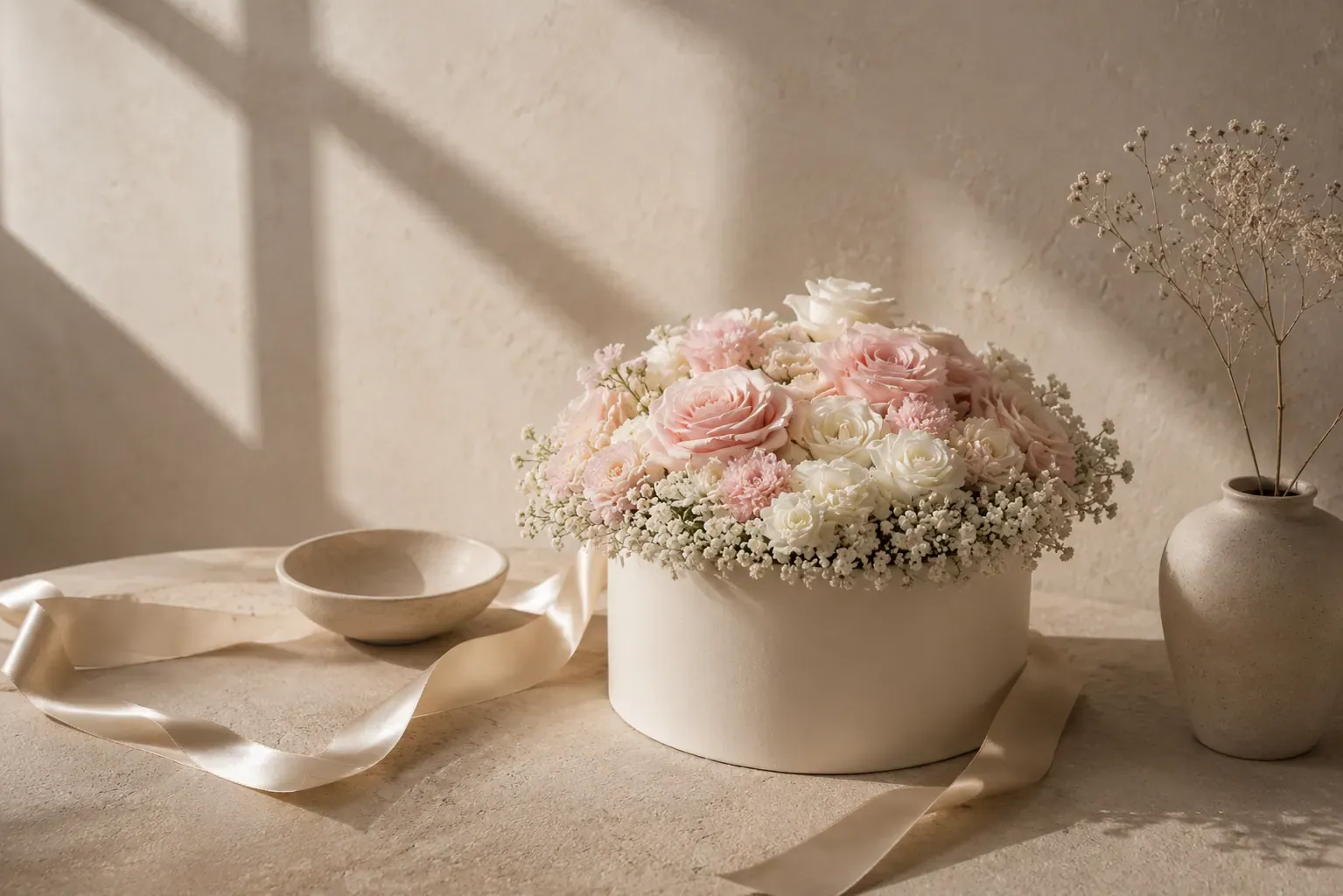 Cremefarbene Bloom-Candles-Geschenkbox mit zartrosa und weissen Rosen sowie Schleierkraut auf Naturstein, Seidenband und Keramikvase im warmen Tageslicht — Inspiration aus dem Atelier in Zürich.