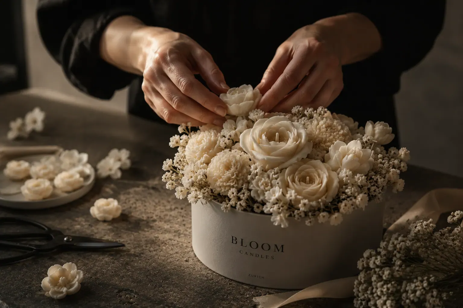 Hände arrangieren handgegossene Wachsblüten zu einem floralen Kerzenbouquet im Bloom-Candles-Atelier in Zürich.