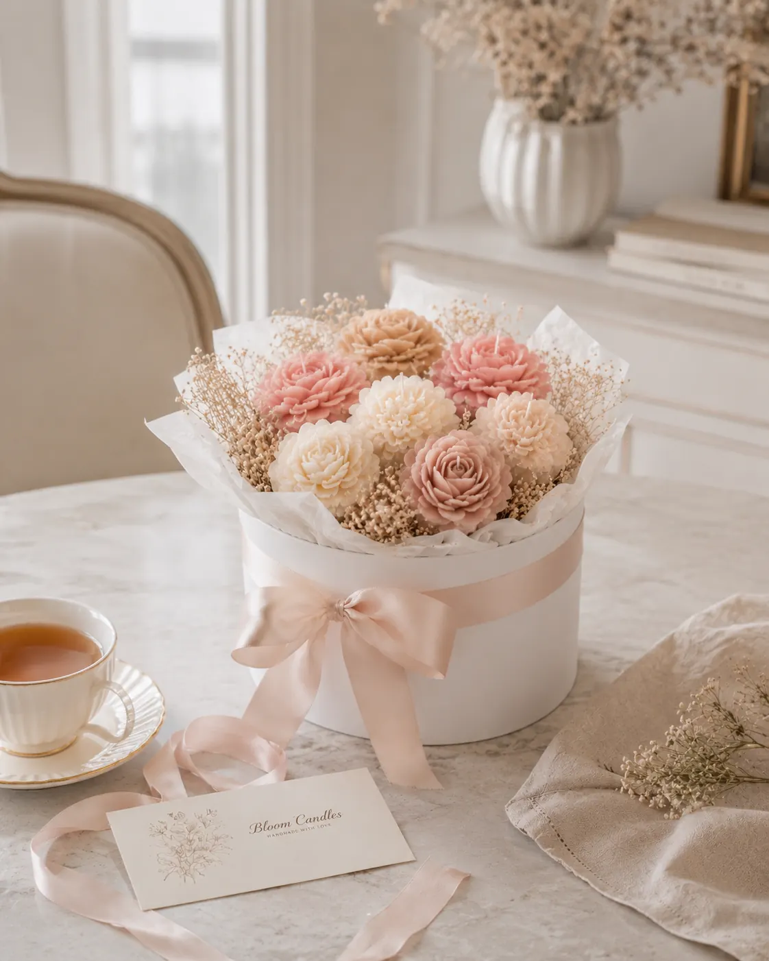 Bouquet-Kerze auf dem Tisch mit Teetasse
