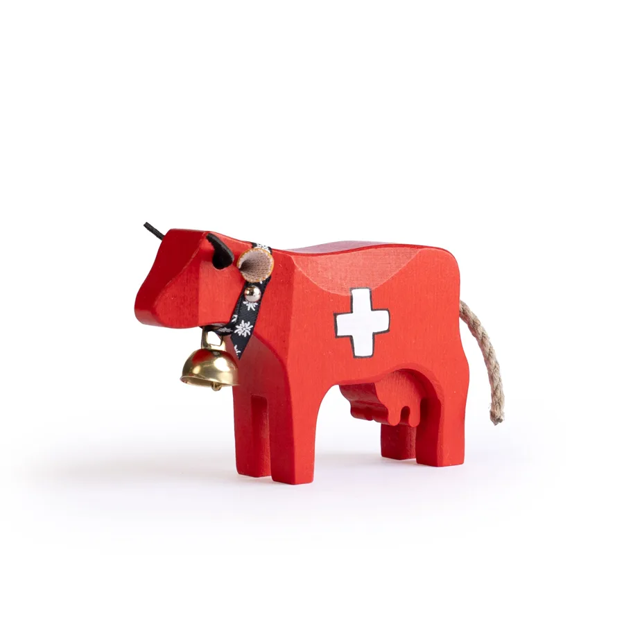 Rote Holzkuh «Kuh 1 Swiss» von Trauffer mit Schweizerkreuz